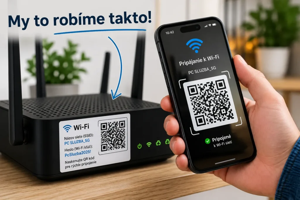 Pripojenie k domácej Wi-Fi sieti pomocou QR kódu na routeri bez potreby zadávania hesla.
