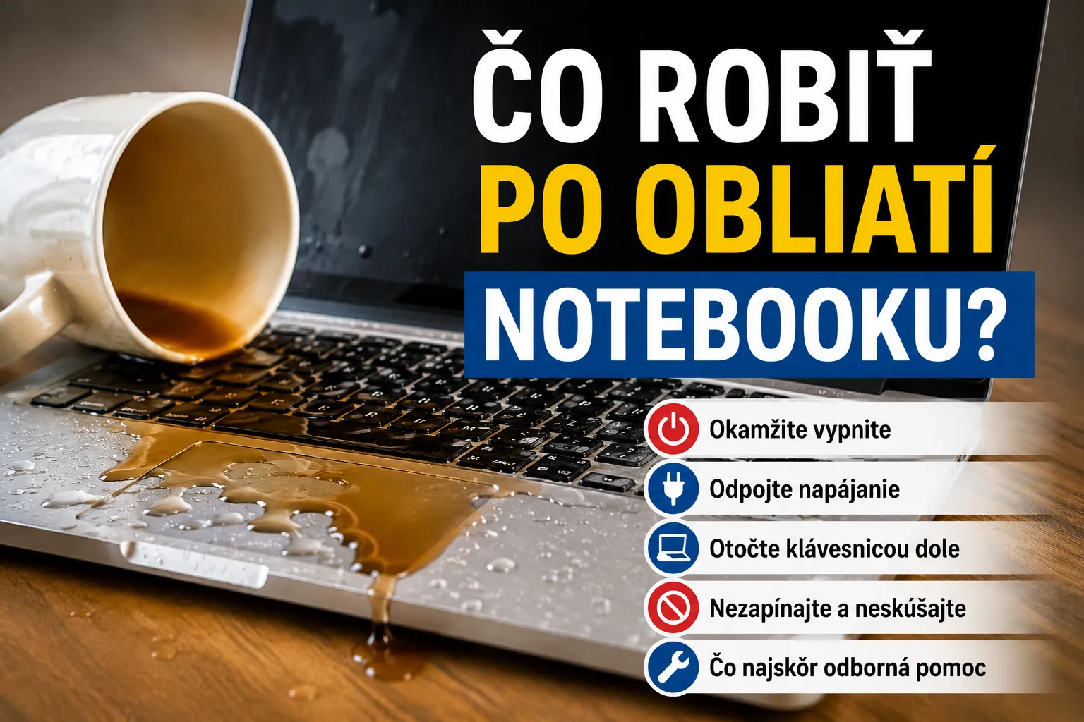 Rozliata káva na notebooku s výrazným upozornením čo robiť po obliatí – vypnúť zariadenie, odpojiť napájanie a čo najskôr vyhľadať servis.