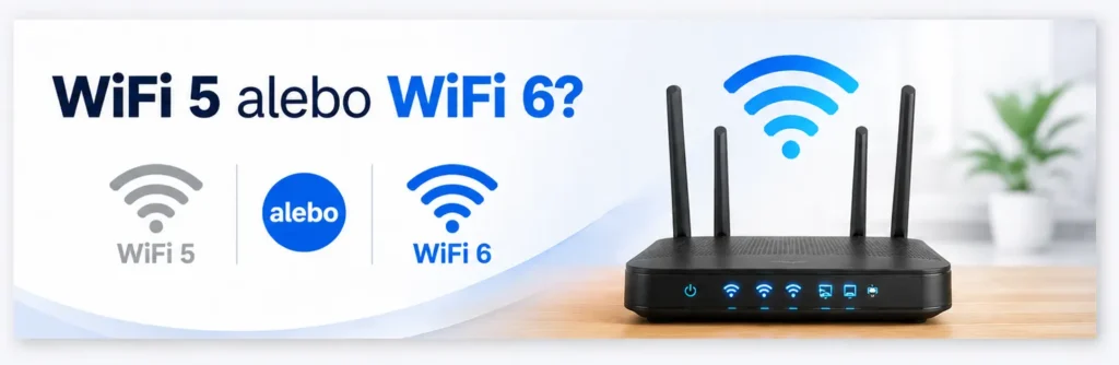 Banner porovnávajúci technológie Wi-Fi 5 a Wi-Fi 6 s moderným routerom a ikonami bezdrôtového pripojenia.