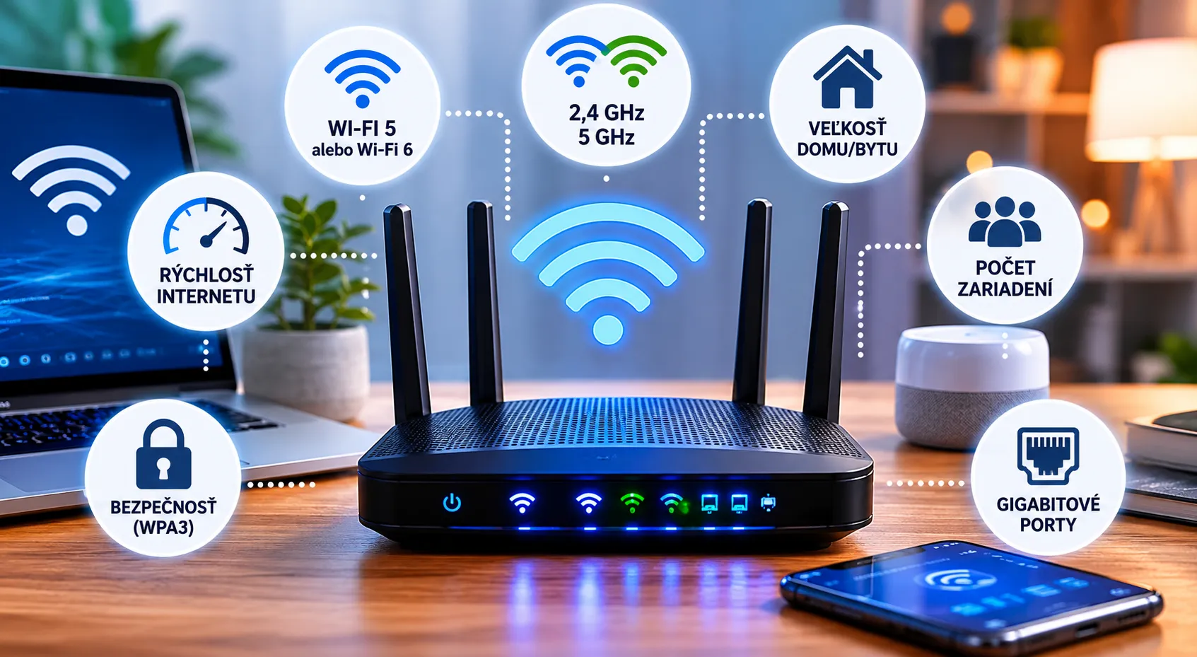 Moderný Wi-Fi router na stole s prehľadom hlavných faktorov pri výbere routera, ako sú rýchlosť internetu, Wi-Fi 5 alebo Wi-Fi 6, veľkosť priestoru, počet zariadení, bezpečnosť, Ethernet porty a Mesh sieť.