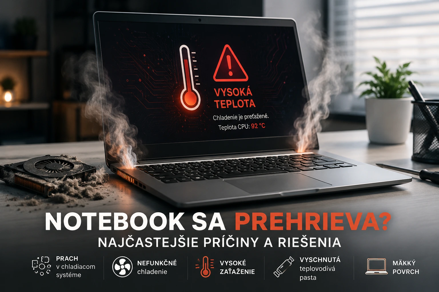 Prehrievajúci sa notebook na stole s upozornením na vysokú teplotu a aktívnym chladením