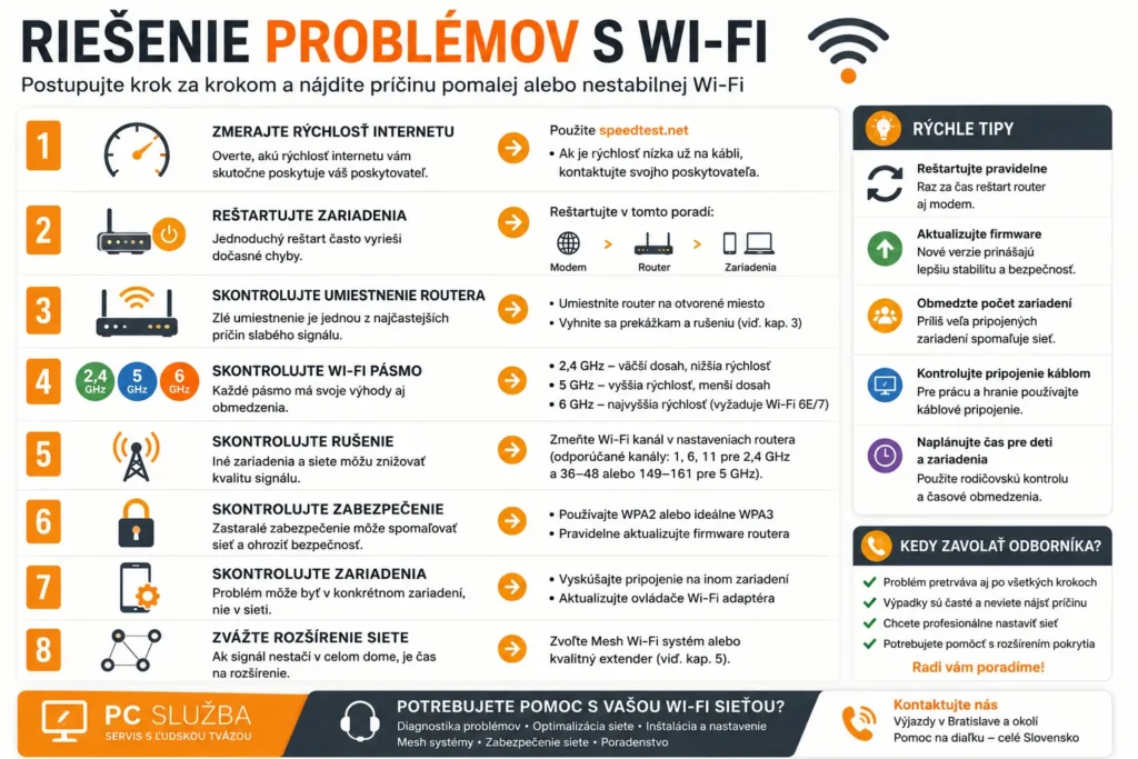 Infografika zobrazujúca postup riešenia problémov s Wi-Fi krok za krokom vrátane merania rýchlosti, kontroly routera, Wi-Fi pásma a zabezpečenia siete.