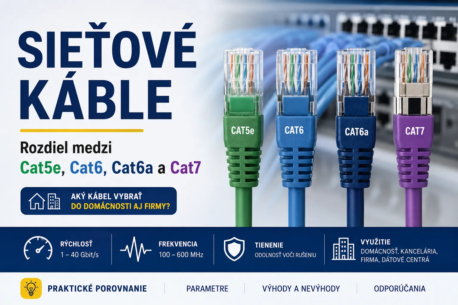 Sieťové káble Cat5e, Cat6, Cat6a a Cat7 – porovnanie parametrov a využitia