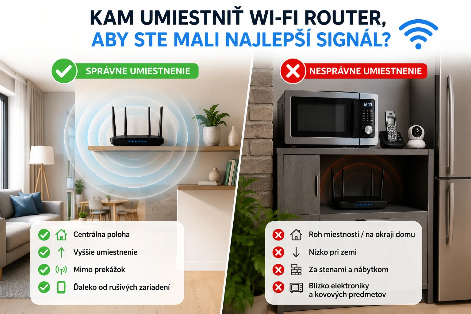 Kam umiestniť Wi-Fi router pre najlepší signál – porovnanie správneho a nesprávneho umiestnenia routera v domácnosti.