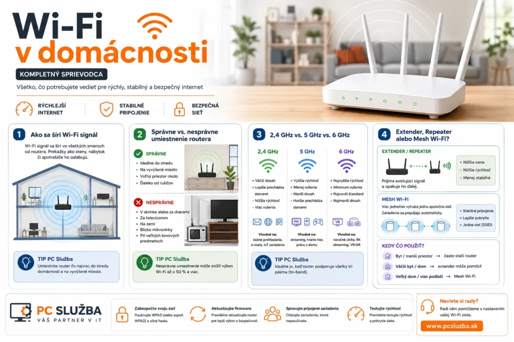 Súhrnná infografika o Wi-Fi v domácnosti – správne umiestnenie routera, Wi-Fi pásma, Mesh Wi-Fi a zabezpečenie siete