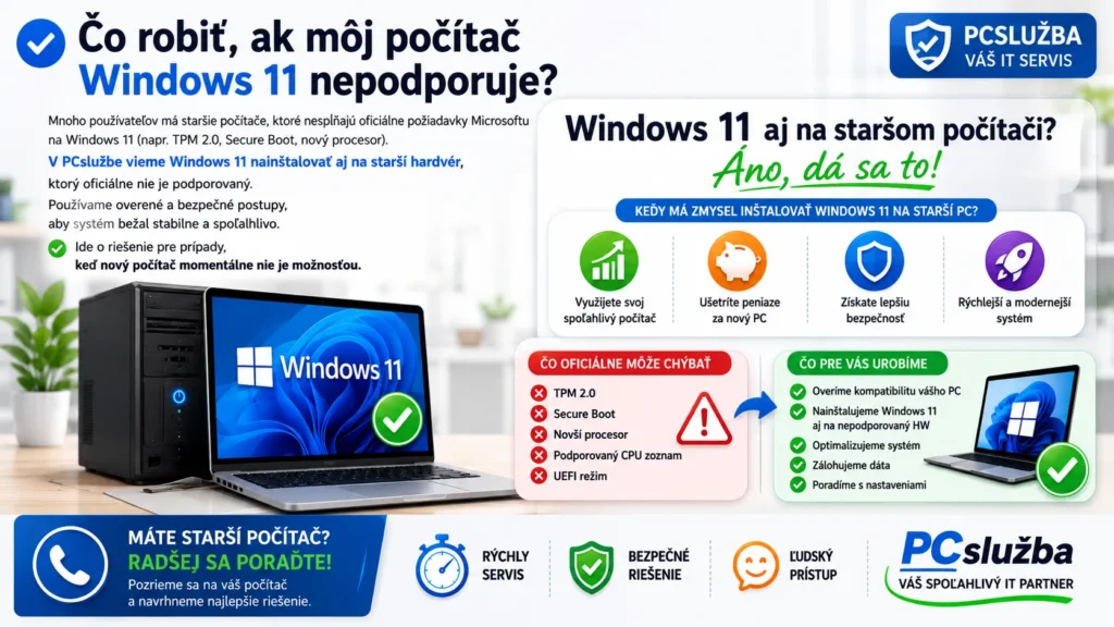 Infografika vysvetľuje, že Windows 11 je možné nainštalovať aj na starší počítač, ktorý nespĺňa všetky oficiálne požiadavky Microsoftu.