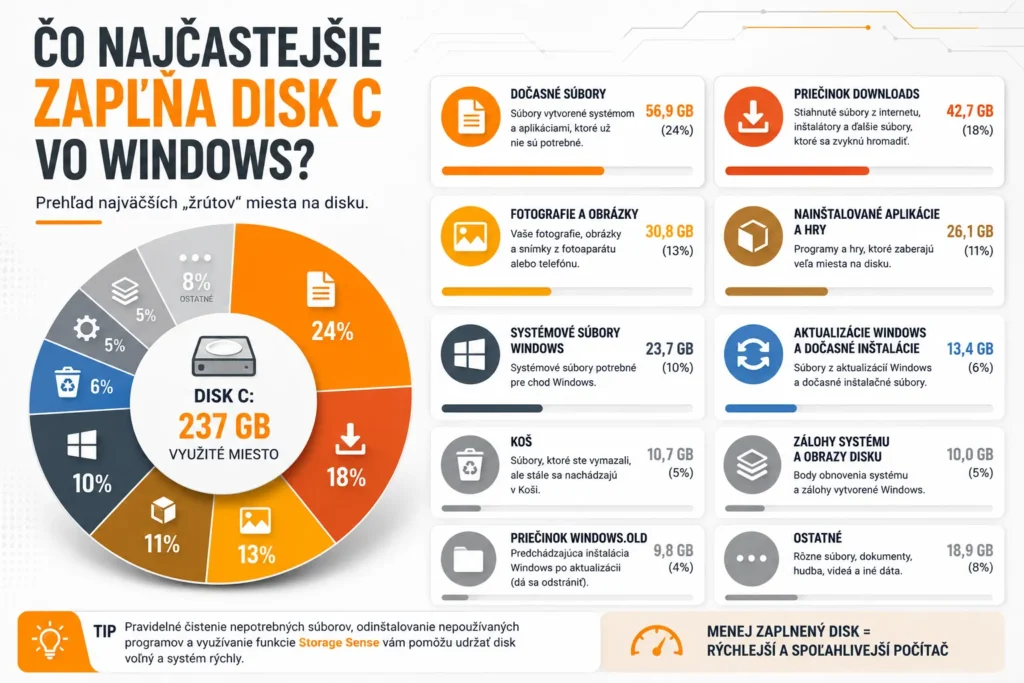 Infografika: Čo najčastejšie zapĺňa disk C vo Windows – dočasné súbory, aplikácie, fotografie, videá a aktualizácie