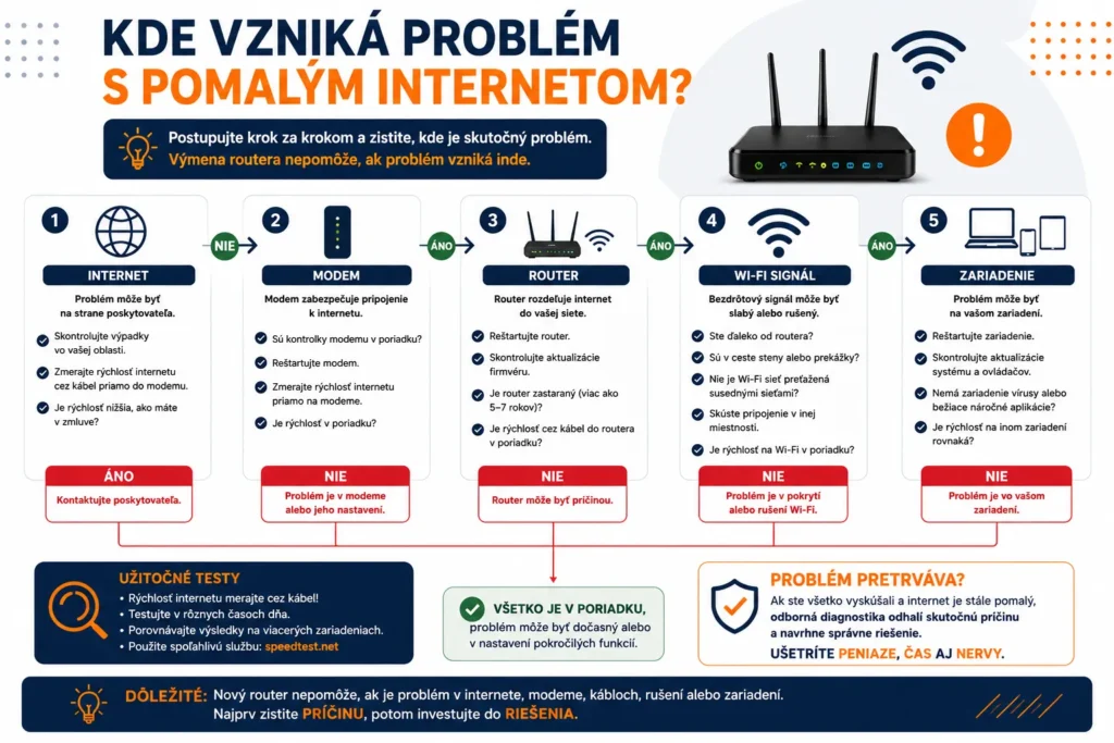 Rozhodovací diagram: Kde vzniká problém s pomalým internetom – internet, modem, router, Wi-Fi alebo zariadenie