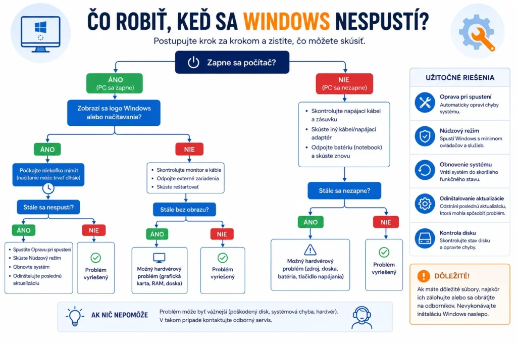 Rozhodovací diagram zobrazujúci postup, čo robiť, keď sa Windows nespustí – od základnej kontroly až po opravu systému alebo hardvéru.