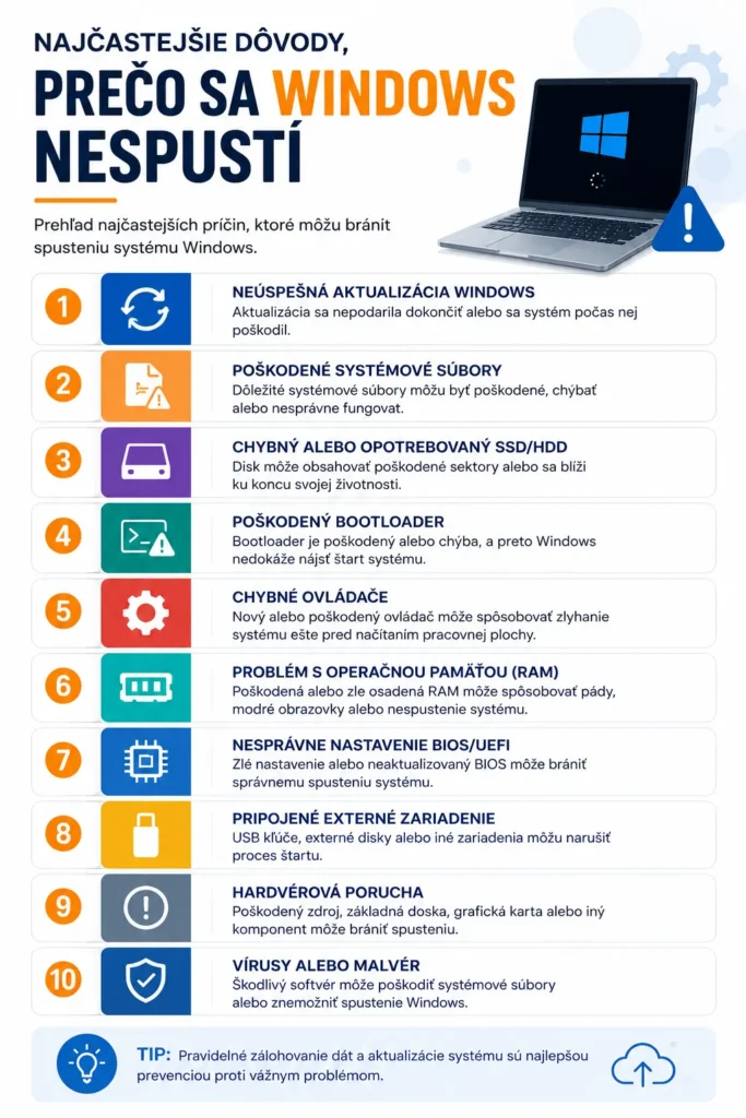 Infografika zobrazujúca najčastejšie dôvody, prečo sa Windows nespustí, vrátane problémov s aktualizáciou, SSD, bootloaderom, ovládačmi a hardvérom.