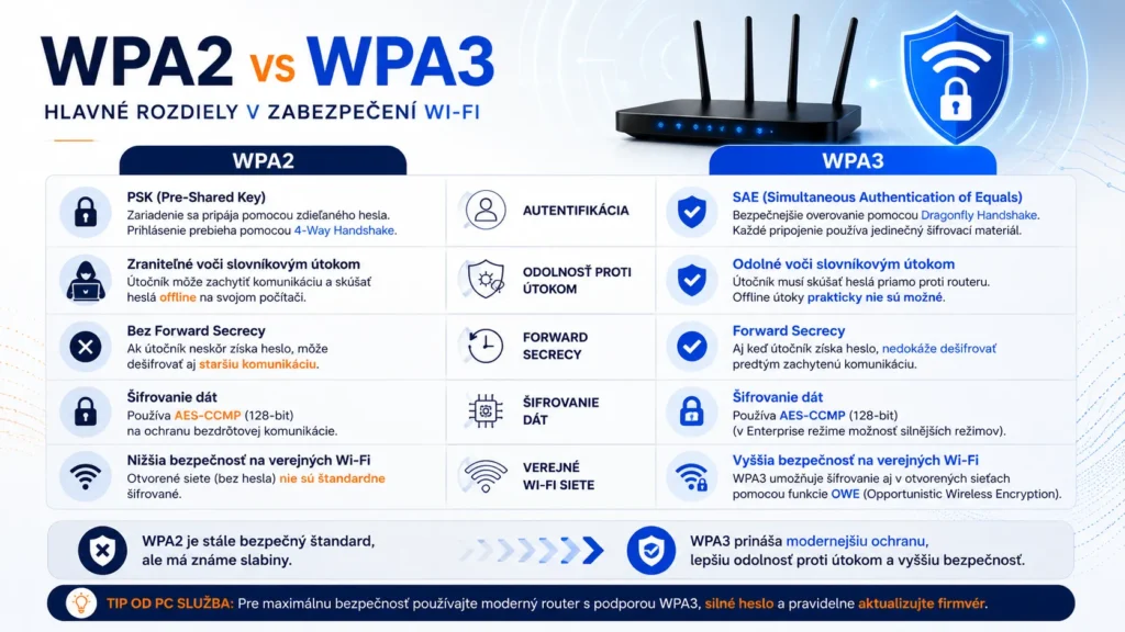 Infografika porovnávajúca hlavné technické rozdiely medzi WPA2 a WPA3 pri zabezpečení Wi-Fi siete.