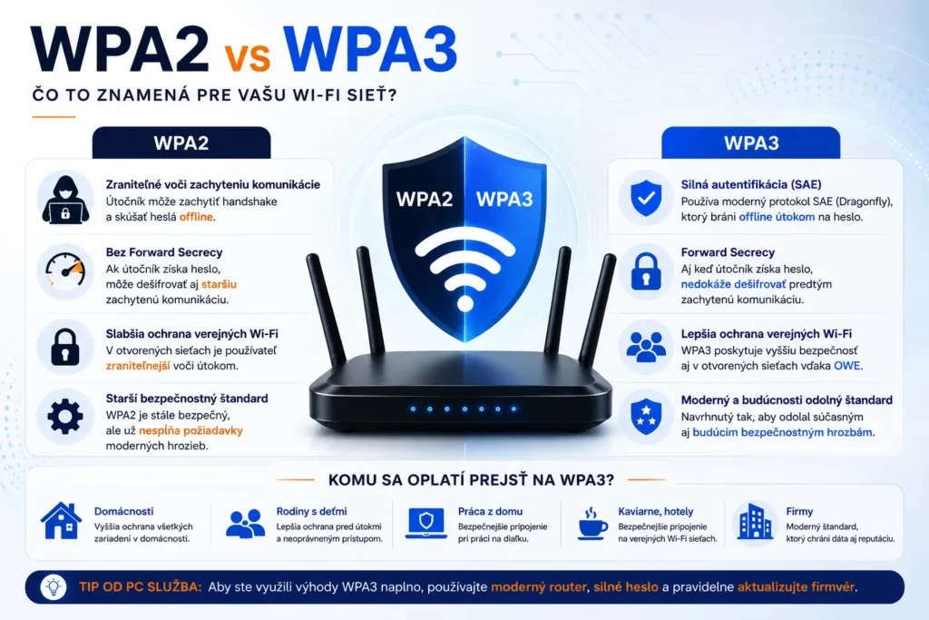 Infografika vysvetľujúca výhody WPA3 a komu sa oplatí prejsť na modernejšie zabezpečenie Wi-Fi siete.
