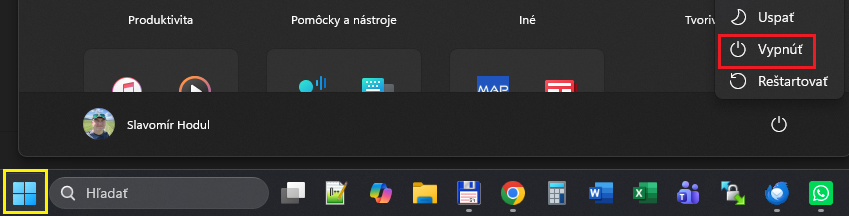 Vypnutie počítača vo Windows 11 cez Štart, Napájanie a možnosť Vypnúť.