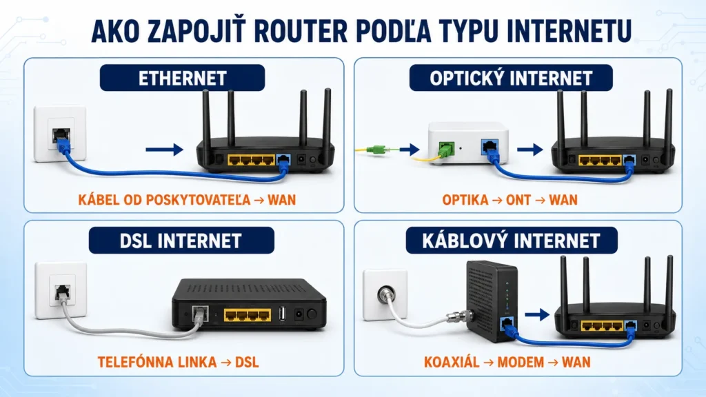 Zapojenie Wi‑Fi routera cez Ethernet, optické ONT, DSL a káblový modem
