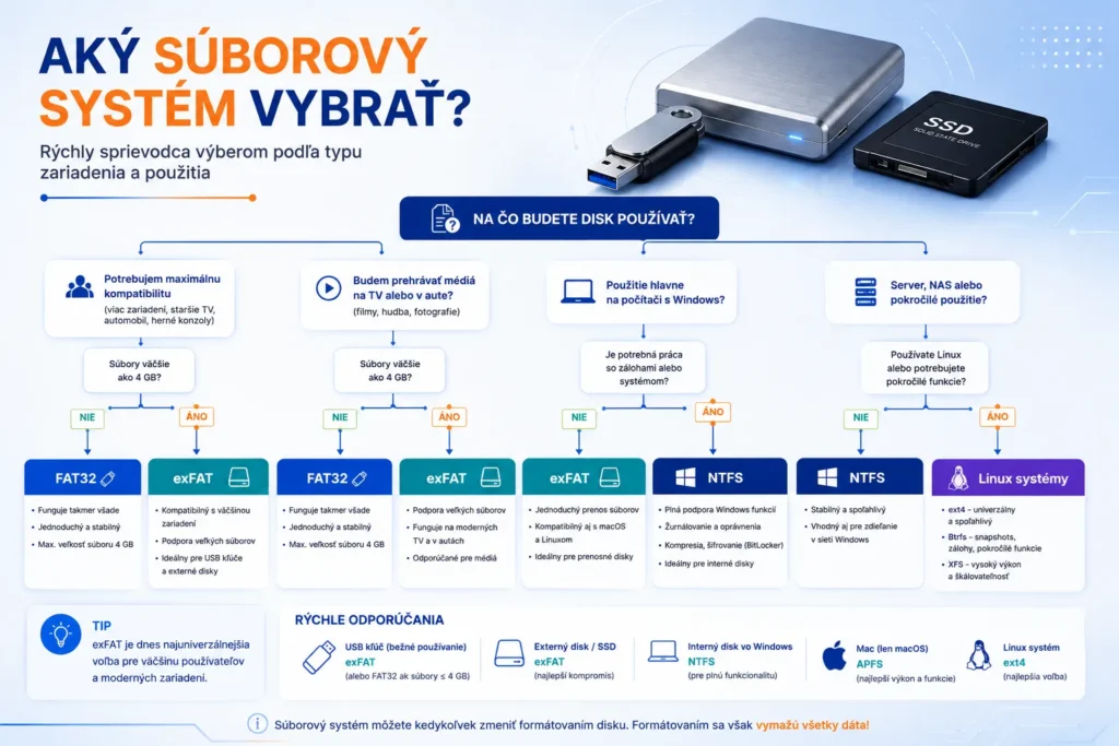 Rozhodovací diagram výberu súborového systému FAT32, exFAT, NTFS, APFS a ext4 podľa typu zariadenia a použitia