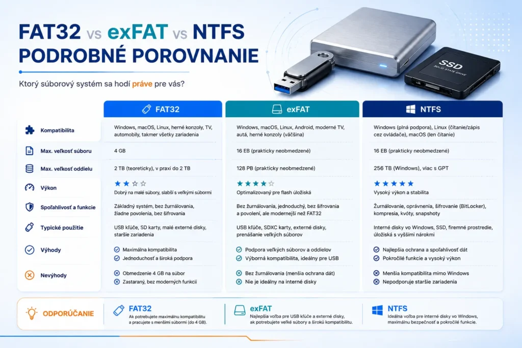 Infografika porovnávajúca FAT32, exFAT a NTFS podľa kompatibility, veľkosti súborov, výhod a použitia