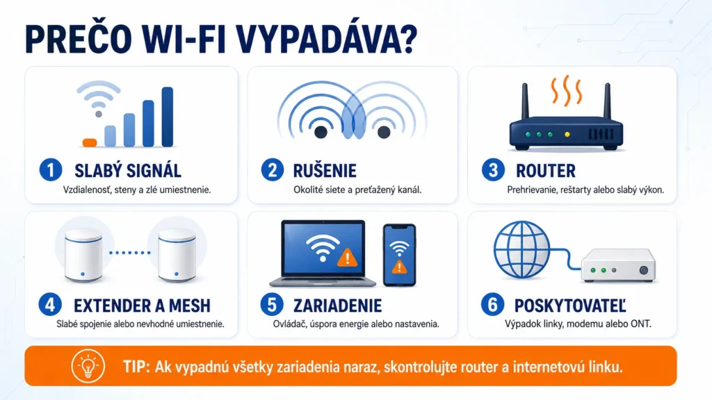 Najčastejšie príčiny výpadkov Wi‑Fi – slabý signál, rušenie, router, Mesh, zariadenie a poskytovateľ