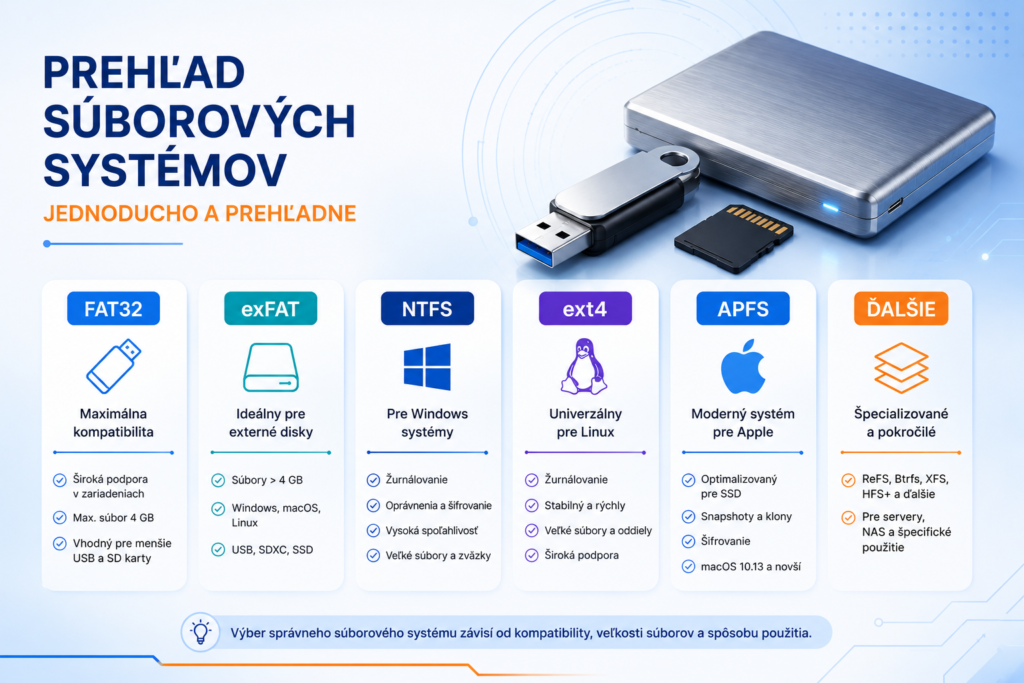 Infografika porovnávajúca súborové systémy FAT32, exFAT, NTFS, ext4, APFS a ďalšie