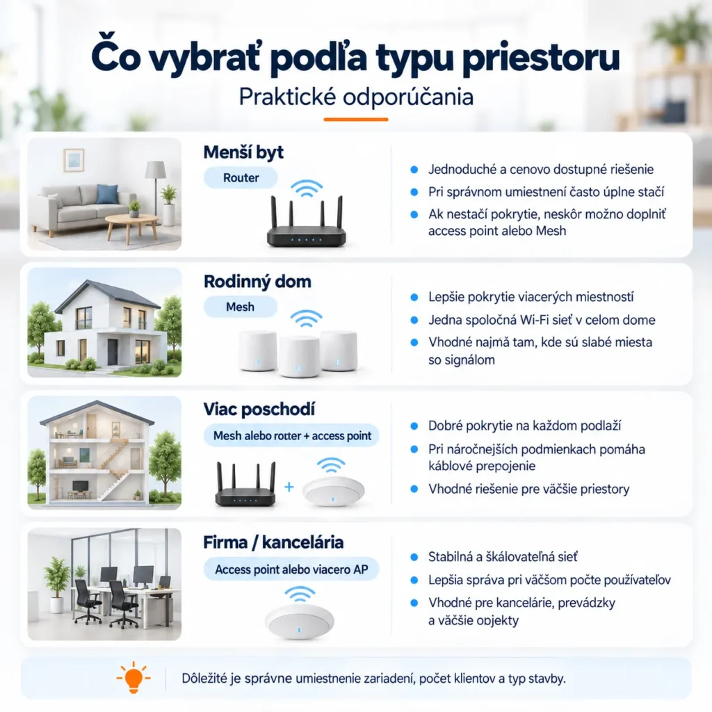 Čo vybrať podľa typu priestoru – router, Access point alebo Mesh pre byt, dom, viac poschodí a firmu