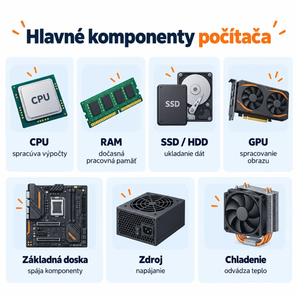Hlavné komponenty počítača – CPU, RAM, SSD alebo HDD, GPU, základná doska, zdroj a chladenie