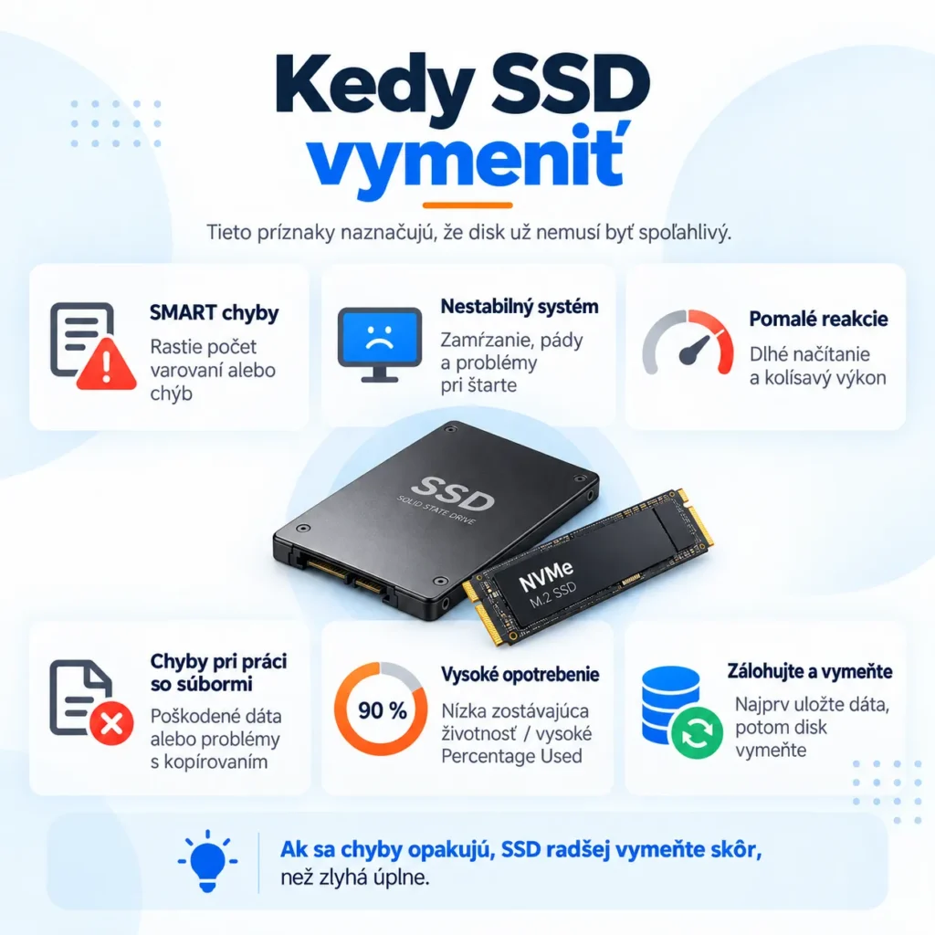 Kedy vymeniť SSD disk – SMART chyby, nestabilita, pomalé reakcie, poškodené dáta a vysoké opotrebenie