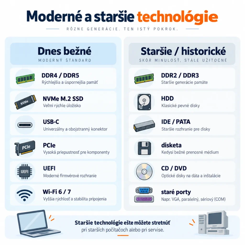Moderné a staršie počítačové technológie – DDR4 a DDR5, NVMe M.2 SSD, USB-C, PCIe, UEFI, Wi-Fi, HDD, IDE, disketa a CD/DVD