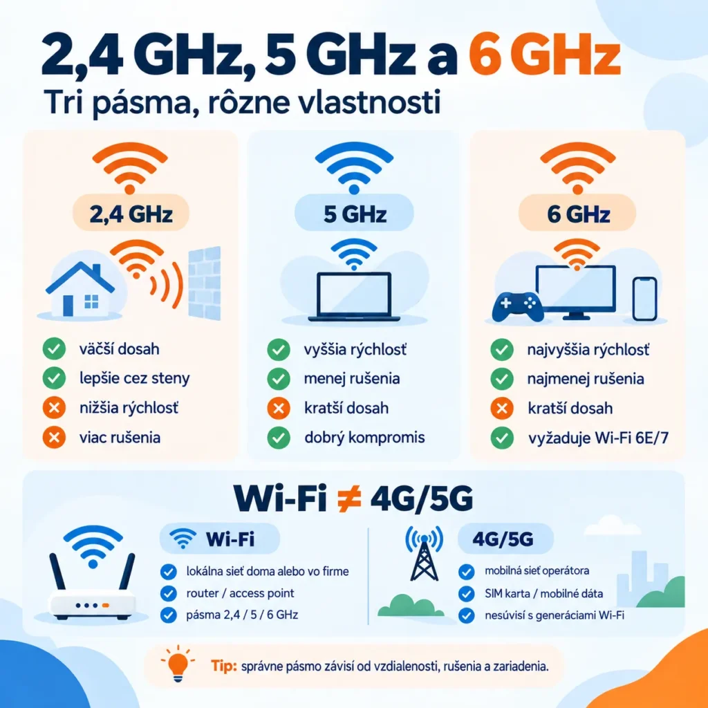 Porovnanie pásiem 2,4 GHz, 5 GHz a 6 GHz a rozdiel medzi Wi-Fi a 4G/5G
