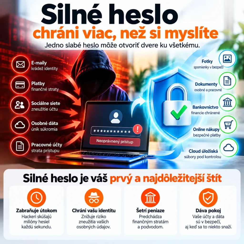 Infografika o rizikách slabého hesla: krádež e-mailu, účtov, peňazí a osobných údajov oproti ochrane silným heslom